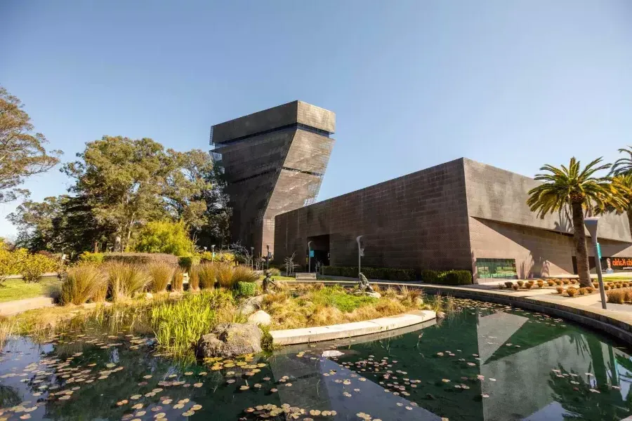 Exterior of the modern, angular de Young Museum. San Francisco, California.